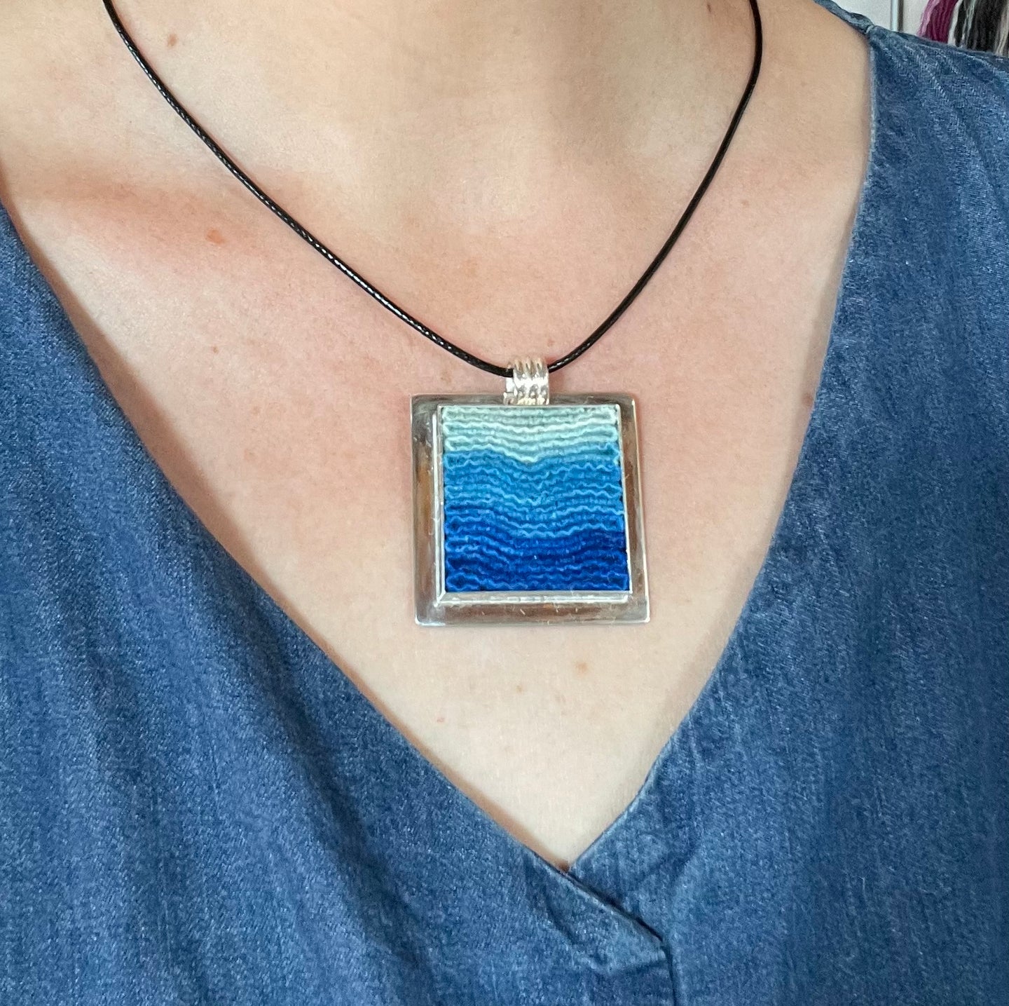 Silver and Wool Pendant / Blue Square