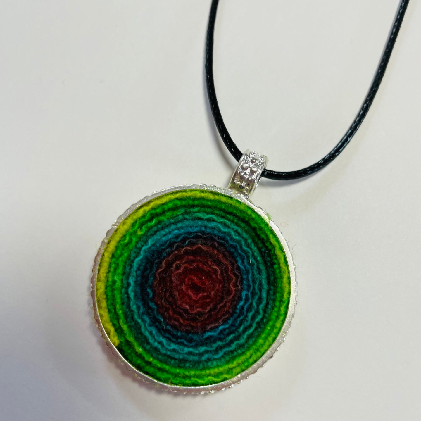 Silver and Wool Pendant / Green and Red Circle
