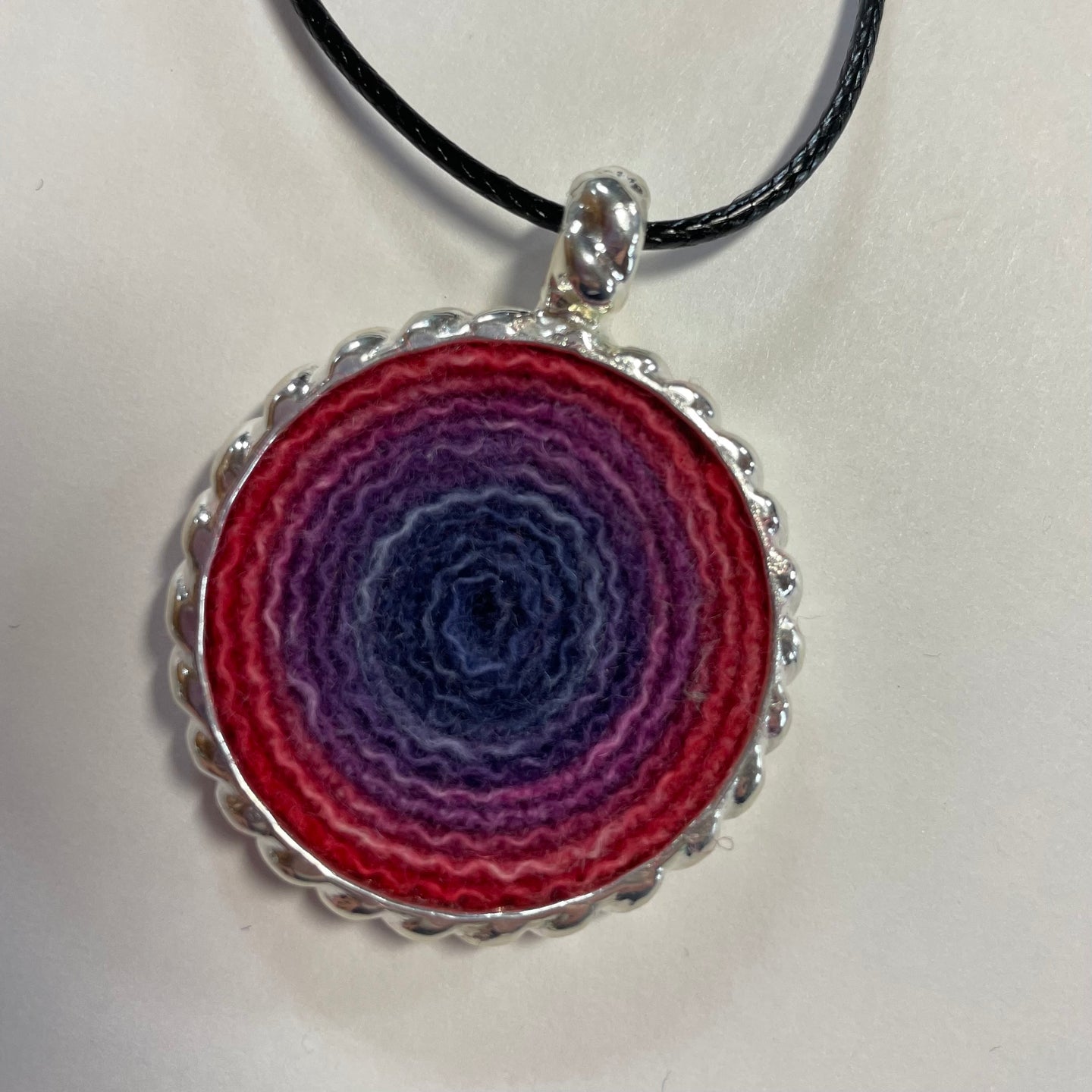 Silver and Wool Pendant / Red and Blues