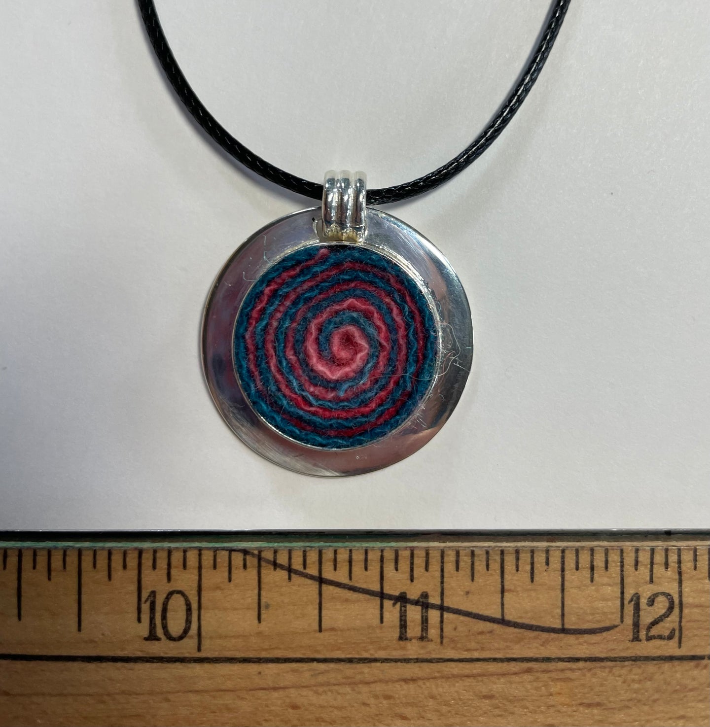 Silver and Wool Pendant / Red and Turquoise Swirl