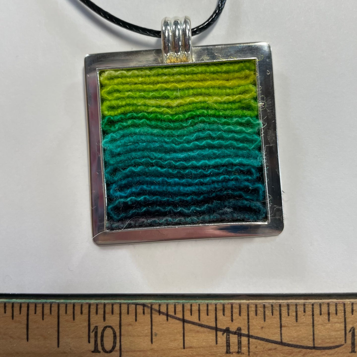 Silver and Wool Pendant /  Yellow and Green Square