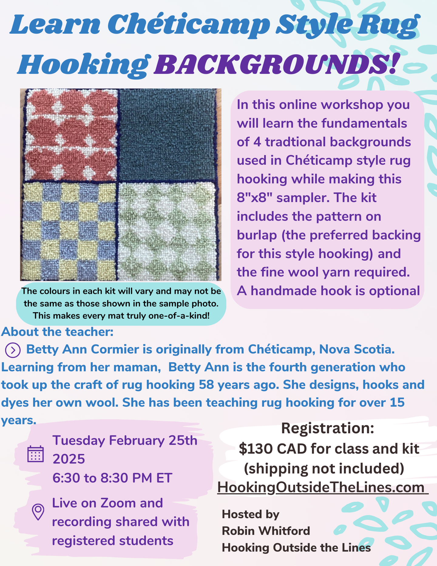 Learn Chéticamp Style Rug Hooking BACKGROUNDS Workshop and Kit!